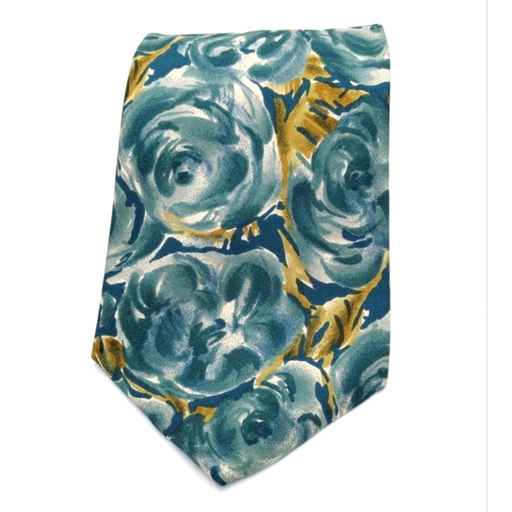 Vintage Teal Blue and Gold Floral Silk Tie